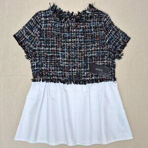 Zara Half Tweed Combo Blouse Size S Multicolor Short Sleeve
